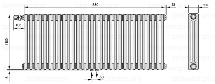 Схема (чертеж) Радиатор Zehnder Charleston 3110/30 №V007 Белый глянцевый RAL 9016